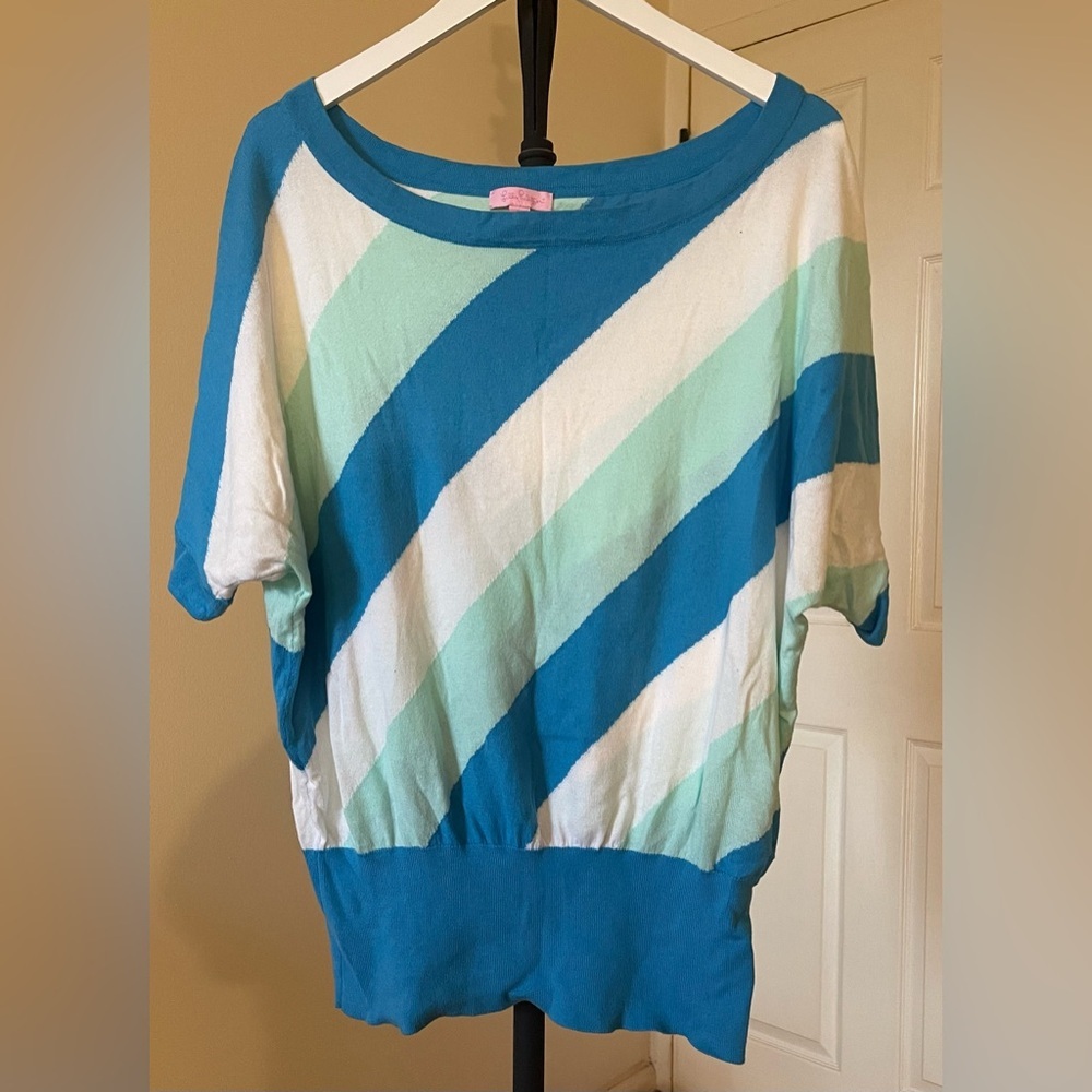 Lilly Pulitzer Blue and White Diagonal Stripe Blouse Size X Large EUC - Picture 2 of 8